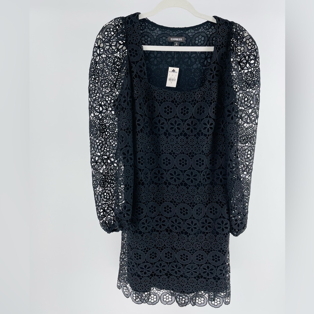 NWT Express Crochet Overlay Square Neck Puff Shoulder Little Black Dress